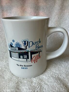 Dutch Bros White Holiday Mug with Blue and Red Accents 2925 Oversized